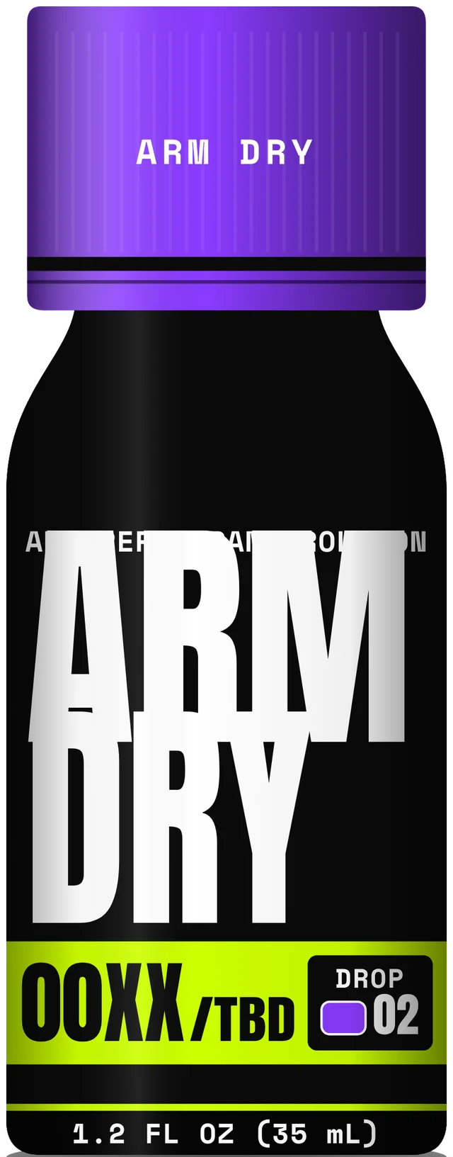 Arm Dry bottle with an ultraviolet purple lid, Drop 002.